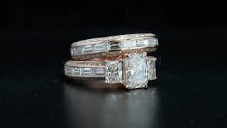 Natural Radiant 3 Stone Baguette & Round Diamond Bridal Set - GIA Certified