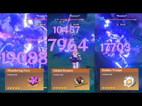 Genshin Impact New Artifact Golden Troupe Vs Glided Dreams Vs Thundering Fury