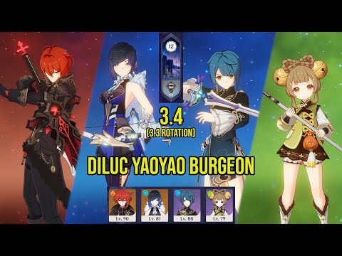 (F2P) C0 DILUC YAOYAO Burgeon | 3.4 Spiral Abyss Floor 12 (3.3 Rotation) | Genshin Impact