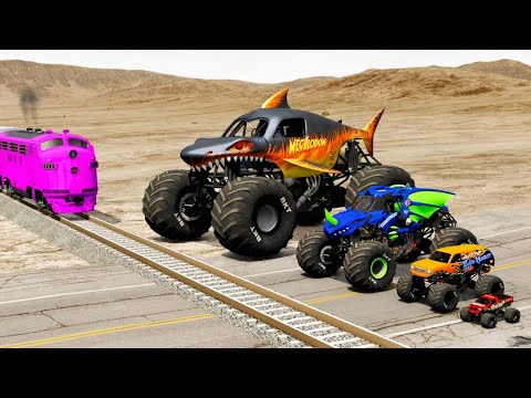 Small to Giant Monster Trucks vs Train and Potholes - beamNG.drive