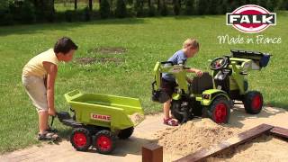 Falk Šliapací traktor 1010W Claas Axos s nakladačom, rýpadlom a vlečkou