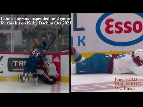Gabriel Landeskog hit on Kirby Dach in Oct 2022 vs Evander Kane hit on Nazem Kadri WCF 060422