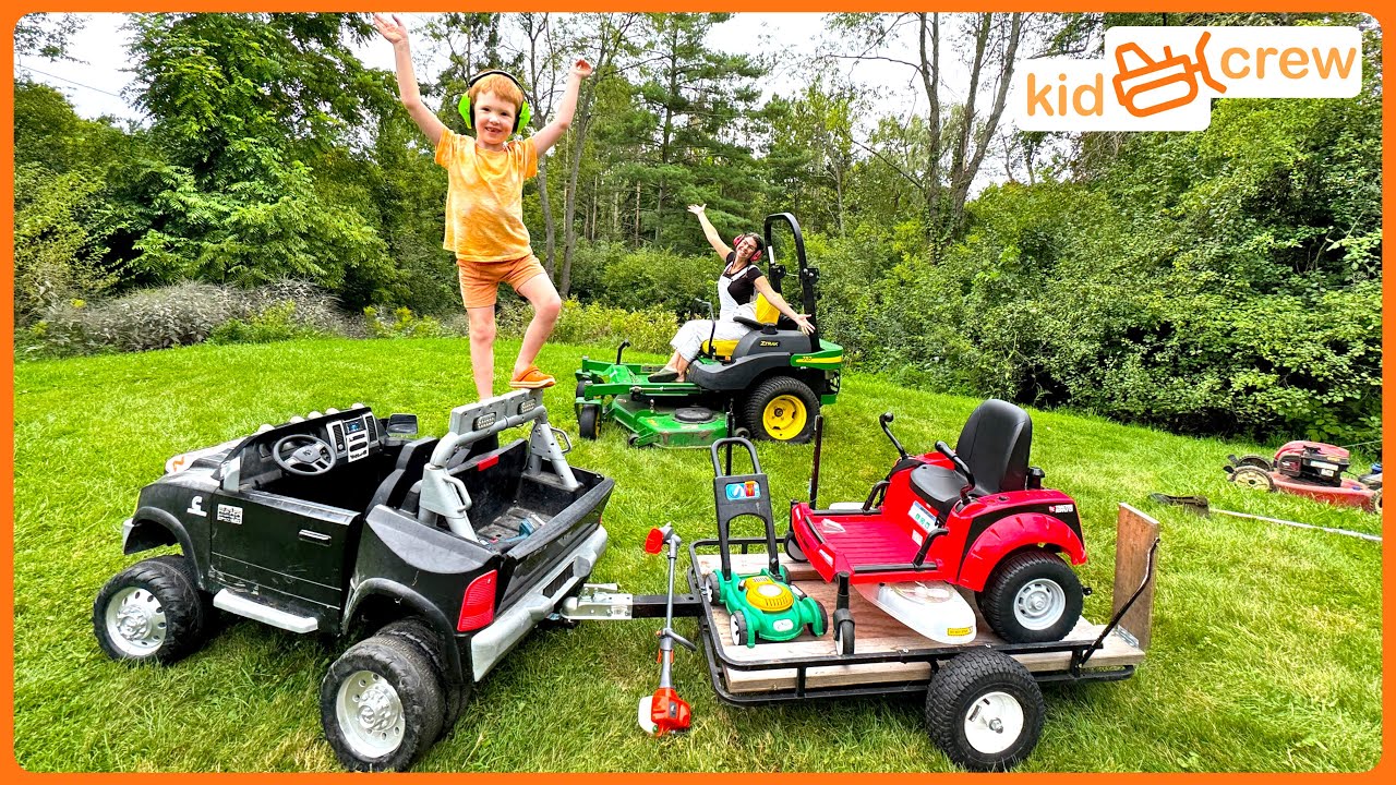 Mowing lawn with kids and real zero turn mower, push lawnmower & weed whacker Educational | Kid Crew