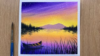 Watercolor Painting for Beginners | Colorful Sunset Lake | Watercolor Painting Tutorial