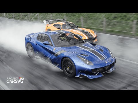 Project CARS 3 Ferrari F12 TDF racing w/Rain on countryside roads (PC3 gameplay)
