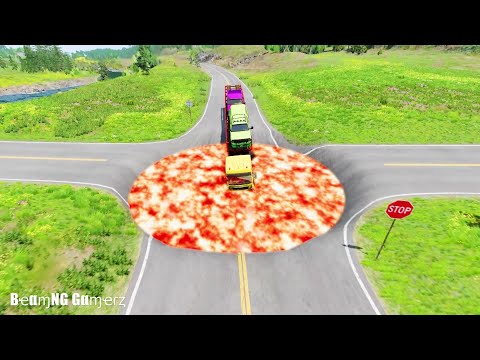 Cars, Trucks Vs Trains And Giant Lava Pit - BeamNG.Drive