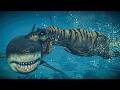 Swimming T Rex Rebirth Vs Megalodon All Marine Reptiles Best HUNT FIGHT Animations JWE2 Mods