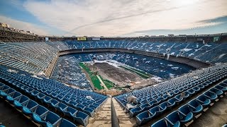 The deterioration of the stadium began after the Detroit Lions moved to Ford Field in 2002. After the city fell into financial trouble, and high maintenance costs, owners decided to auction off the stadium. The parking lot was used to store hundreds of recalled VW diesel cars. Demolition of the dome is expected by the end of the year.