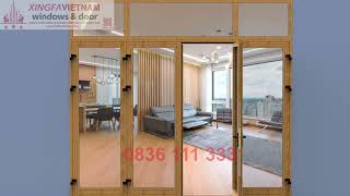 Cửa đi mở quay 4 cánh nhôm Xingfa Quảng Đông tem đỏ màu vân gỗ bản lề 3D