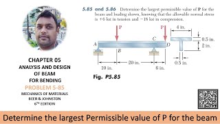 5.85| Determine the largest permissible value of P for the beam | Mechanics of Materials Johnston