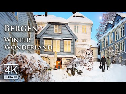 Bergen Winter Wonderland | 4k Walking Tour | Binaural Snow, Water, City Sounds for Relaxation