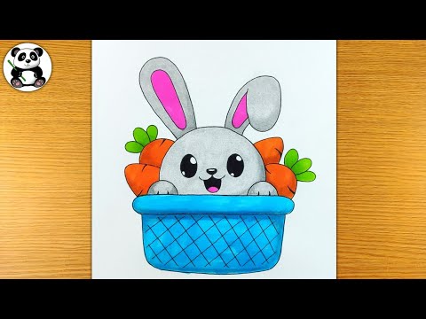 Cute rabbit inside basket drawing and colouring