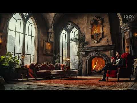 Gothic Vampire Castle Ambience | Snow & Crackling Fireplace | Study, Focus, Meditate, Sleep | 8hr