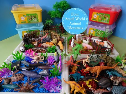 Four Small World Animal Dioramas W/ Giggle Scape Safari, Farm, Ocean, & Dino Playsets