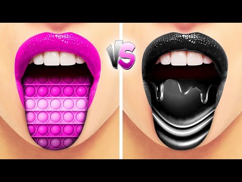 PINK VS BLACK FOOD CHALLENGE! Eating Only 1 Color Challenge, Wednesday VS Enid by Gotcha! Hacks