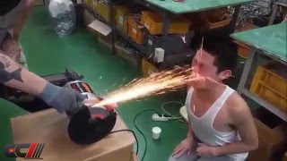 Cutter machine metal sparks on his face
