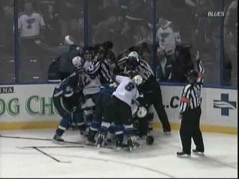 Alex Steen drops Jack Johnson and a scrum ensues