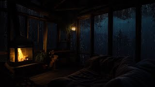 Forest Cabin in the Rainy Night | Crackling Fire & Rain on Roof for Sleeping and Restful