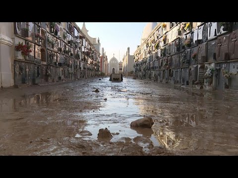 Video Thumbnail: Cemetery near Spain's Valencia covered in mud after devastating floods | AFP