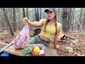 Juicy Whole Leg Of Lamb Cooked On Campfire Solo In The Woods ASMR Cooking No Talking Caveman Style
