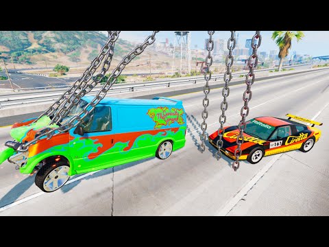 Car Crashes Into a Vertical Chain At High Speed - BeamNG drive Vertical Giant Chain Vs Cars Crashes