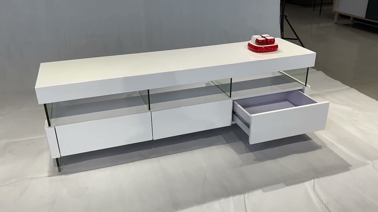Watch video Modern High Gloss LED Living Room Furniture White TV Stands Now Modern High Gloss LED Living Room Furniture White TV Stands