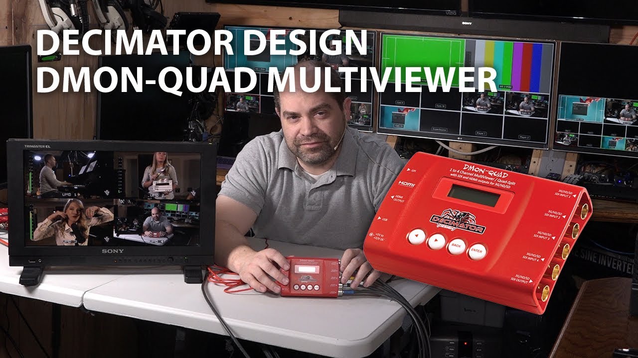 Watch video Decimator Design DMON-QUAD 4-Channel SDI MultiViewer - Demo & Walkthrough Now Decimator Design DMON-QUAD 4-Channel SDI MultiViewer - Demo & Walkthrough