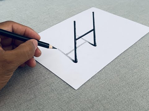 easy draw 3d letter H on paper for beginners, how to draw 3D letter H