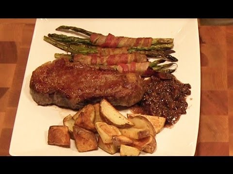 Grill New York Strip (Bison) Recipe with Bacon Wraped Asparagus and Beans