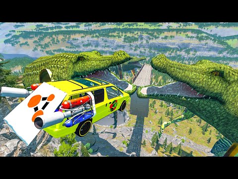 Crash Jumping off the Cliff with Giant Crocodiles - Beamng drive