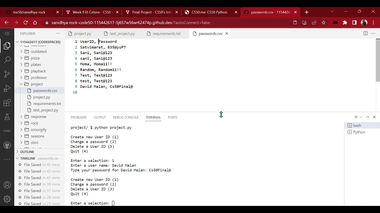 CS50P programming with Python final project | Sani | User IDs and Passwords
