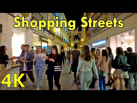 Night walk in Seville City Center Shopping Streets - 4K Virtual Walking Tour 2022, Spain 🇪🇸