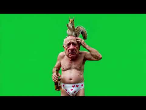 The man in his briefs with a squirrel on his head is drinking whisky straight from the bottle 4k gre
