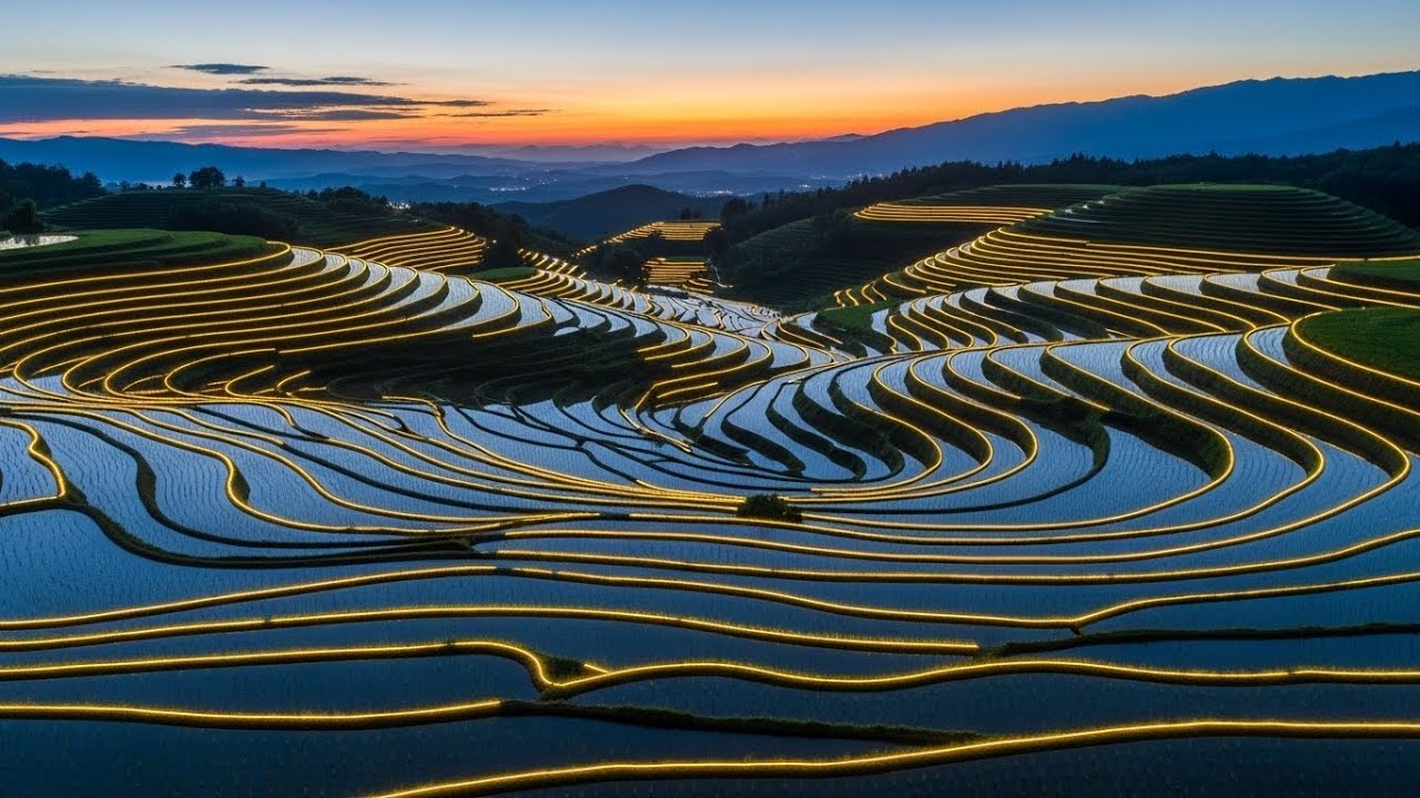 Chill Lofi Moon-Drift Ambience Sparkling Above Serene Paddies Shaped By Warm Quiet Winds