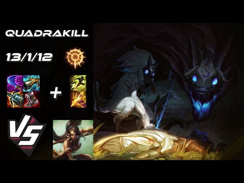 JUNGLE Kindred vs Nidalee [QUADRAKILL] - NA Grandmaster Patch 25.S1.8