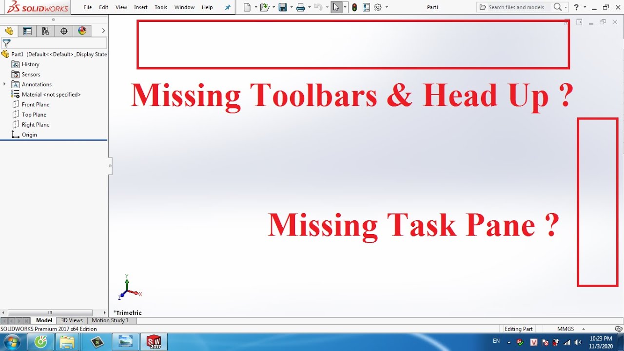 Solidworks Quick Tip #3 : Missing Toolbars, Head Up, Task Pane