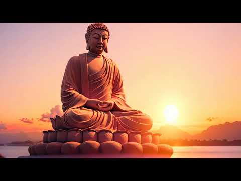 Buddha statue on the lotus position with sunset background, buddha statue in the sunset, AI