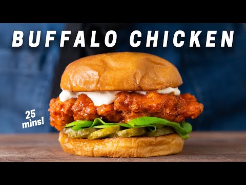 25 Minute Crispy Buffalo Chicken Sandwich (with Homemade Blue Cheese Sauce)