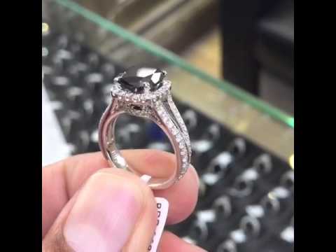 BDR-SOLD-067 - 4.28 Carat Cushion Cut Black Diamond Engagement Ring 18k White Gold Pave Halo