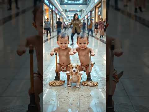 Adorable Twin Babies & Puppy Cleaning the Mall | Cutest Funny Baby Video Ever.