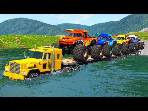 Monster Trucks Potholes Flatbed Long Trailer Truck Car Rescue - Cars vs Deep Water - BeamNG.drive