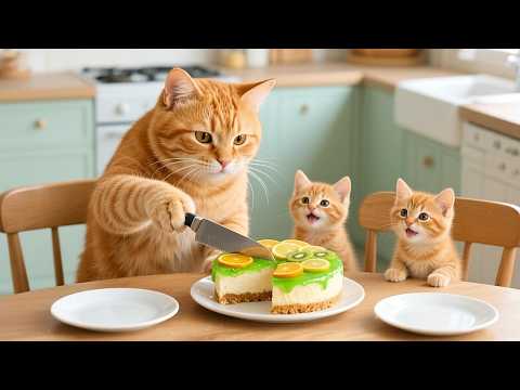 Mama Cat & Kittens Make the CREAMIEST ORANGE KIWI CHEESECAKE! 🍊🥝😻 | No Bake Recipe