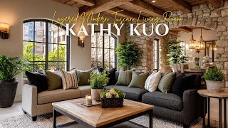 Layered Modern Tuscan Living Room with Kathy Kuo Home   Olive Green & Raw Elegance