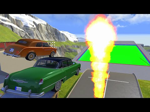 High Speed Jumping Through Fire In Green Slime Pool - BeamNG drive Cars Jumps & Crashes (Crash Test)