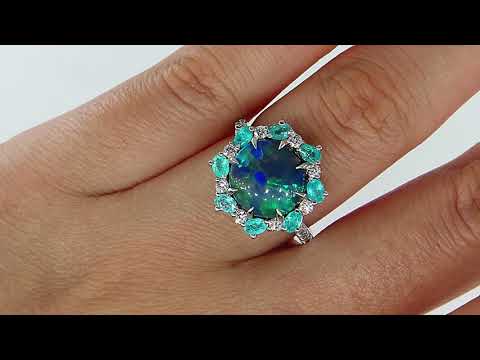 Rare Australian Black OPAL PARAIBA Tourmaline DIAMOND Cluster Ring