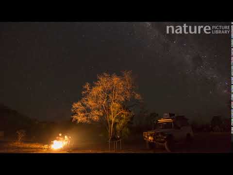 Timelapse of photographers Stella and Jurgen Freund camping, with campfire, Chillagoe, North Queensl