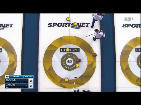 Jacobs sets up a Donnie B 3-ender vs Gushue; gets lucky and scores 4 (2019 Players Championship)