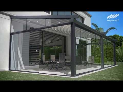 Pergola Roof and Sliding Glass Doors with Motorized Screen