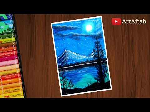 Beautiful Moonlight Mountain Scenery Drawing with Oil Pastels - step by step