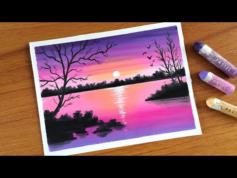 Easy Oil Pastel Pink Sunset Landscape Painting for beginners | Oil Pastel Drawing